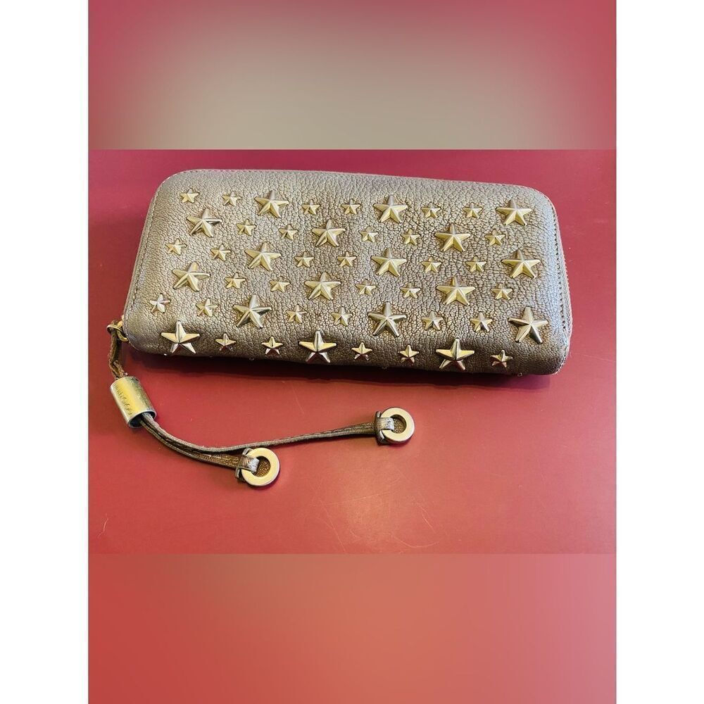 Jimmy Choo Taupe Gold Star-Studded Zip Around Long Wallet Authentic - Picture 5 of 17